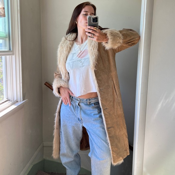 Vintage 90s Y2K Penny Lane Coat Wilsons Leather Faux Fur Trim Suede Jacket Boho - Picture 1 of 8